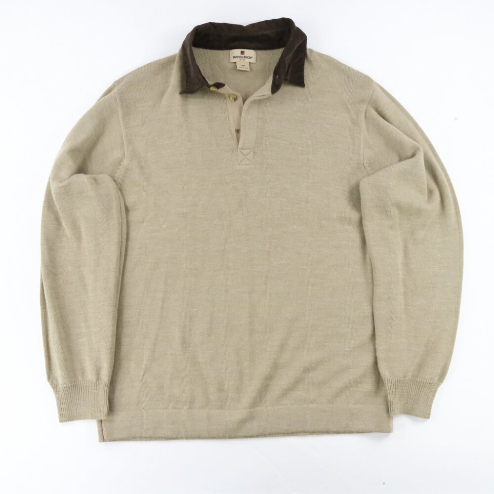 Woolrich Shirt Mens XL Wool Blend Long Sleeve Polo Shirt Khaki Heather Corduroy